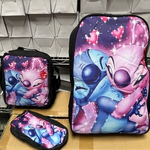 3Pcs Stitch & Angel Backpack Set Lunchbox & Pencil Case (comes brand new sealed)